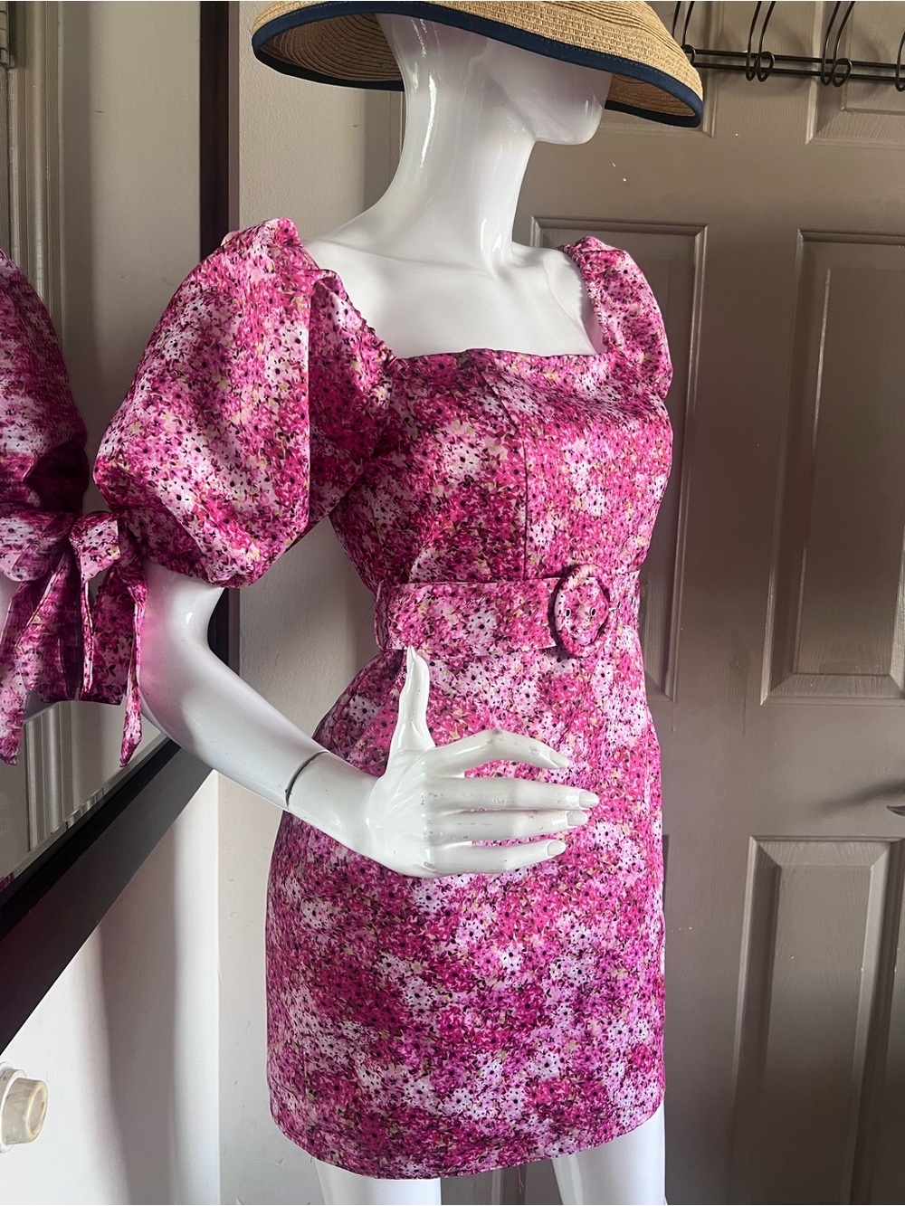 Off Shoulder Floral Puff-Sleeve Pink Belted Mini Dress